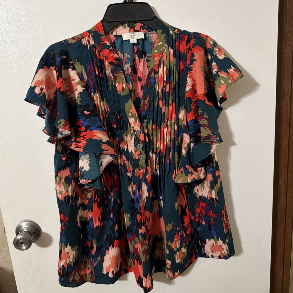 Entro Women's Blouse Multi-color Tiered Pleated Ruffle Short Sleeve Shirt Medium